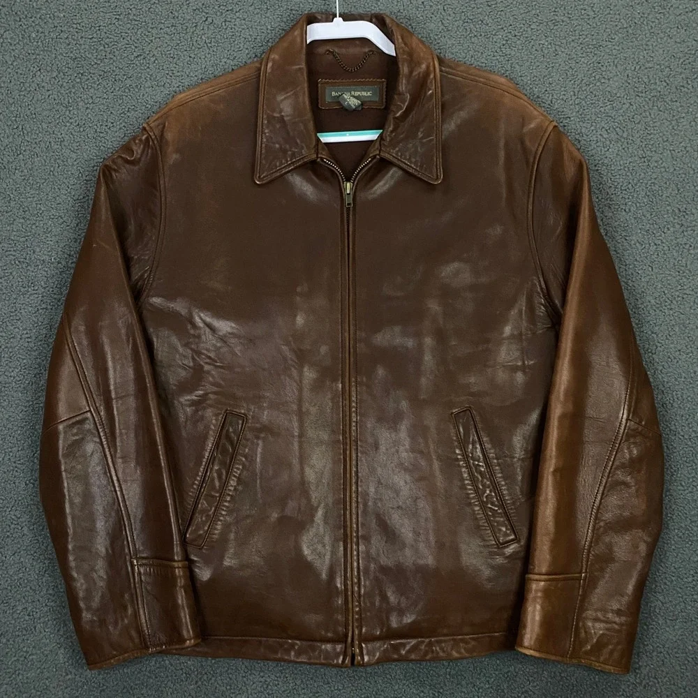 Vintage Banana Republic Leather Jacket Men Large Brown Full Zip Moto Soft Supple